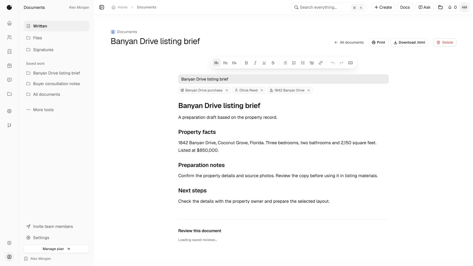 A saved listing brief in the actual Chippi document editor, with fictional property data.