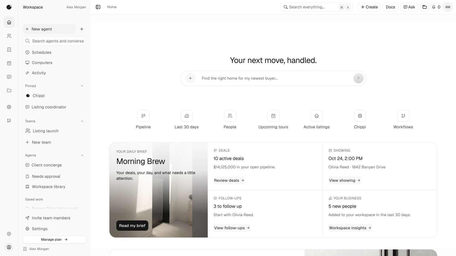 Chippi Home with an AI workforce sidebar and a daily brief, shown with demo data.