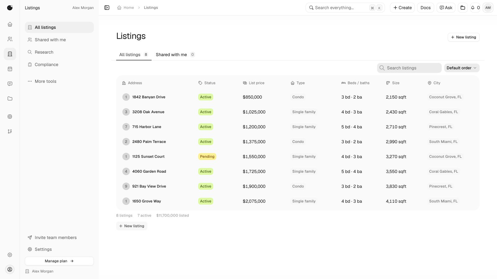 Chippi Listings showing demo property records, prices and listing statuses.